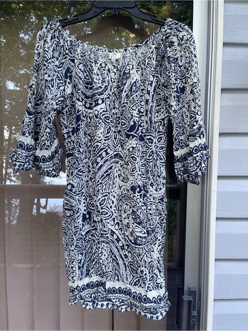 Umgee Navy and White Printed Bardot Dress
